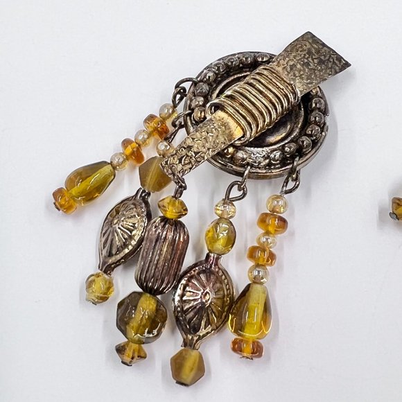 NWOT - Large Yellow Beaded Antiqued Gold Statement Chandelier Clip Earrings - Picture 8 of 8